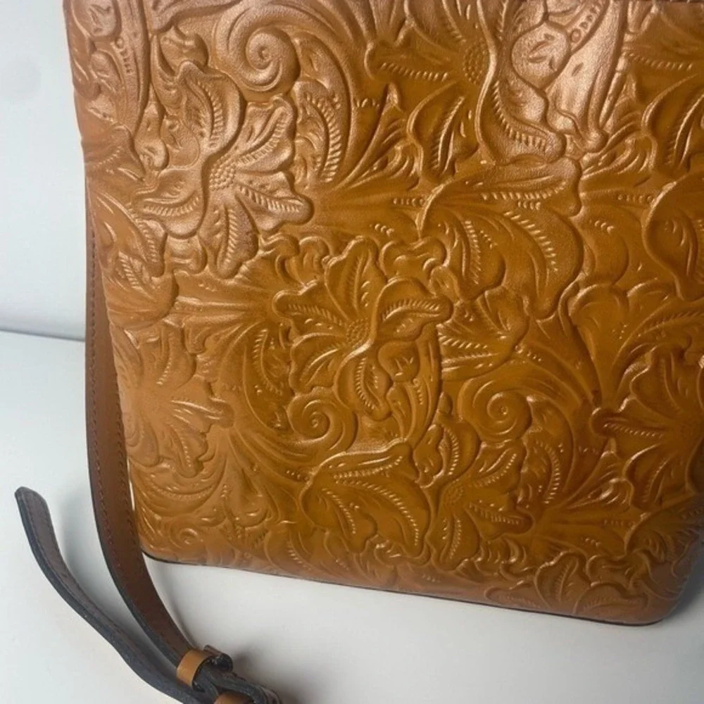 Patricia Nash Tan Tooled Leather Floral Crossbody Bag with Chain Handle